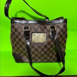 Designer-Style Brown Check Tote Bag with Dark Brown Trim